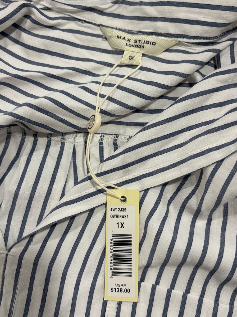 🐞Max Studio White and Navy Striped Relaxed Popover Button-Down - Picture 5 of 10